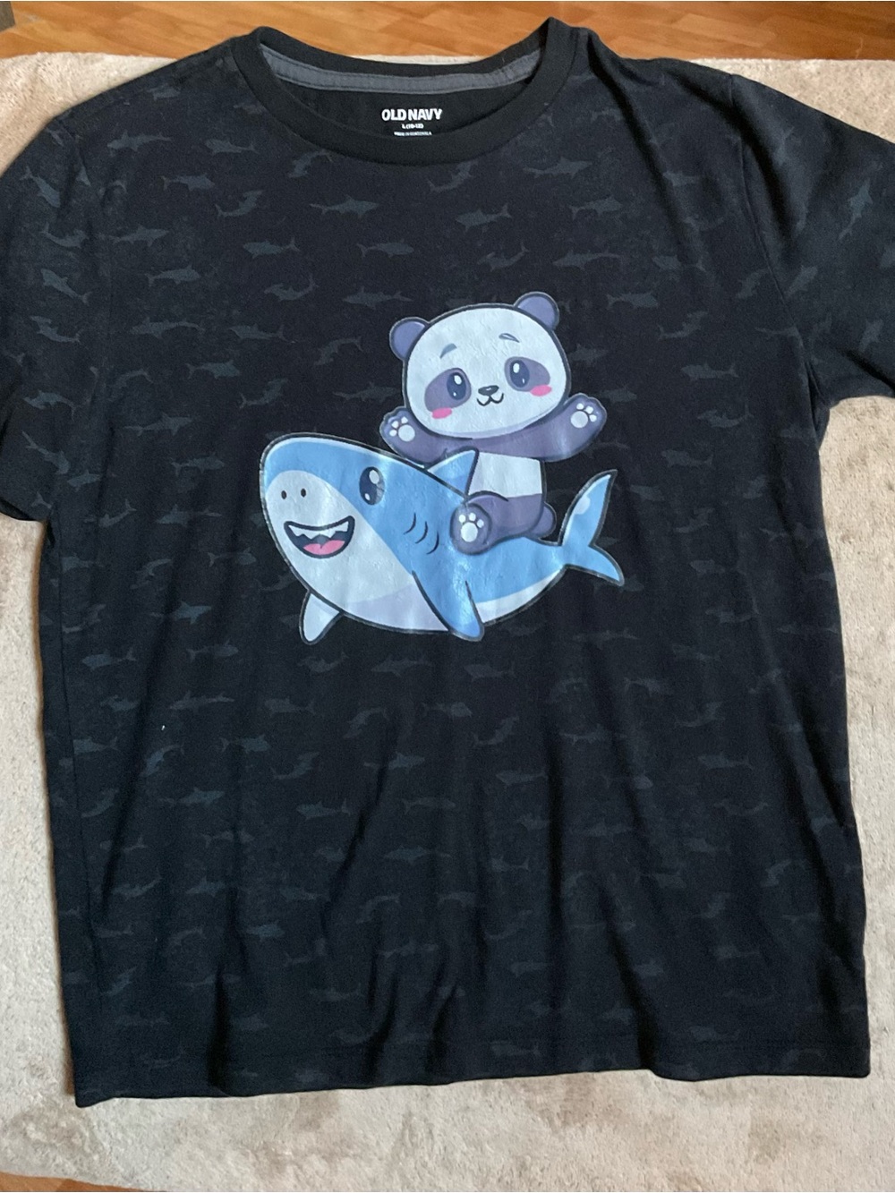 Old Navy Black Tee with Blue Shark and White Panda Graphic